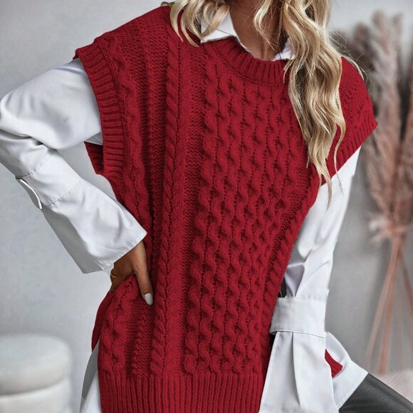 Red Casual Women's Round Neck Loose Knit Sweater Vest - Picture 6 of 6